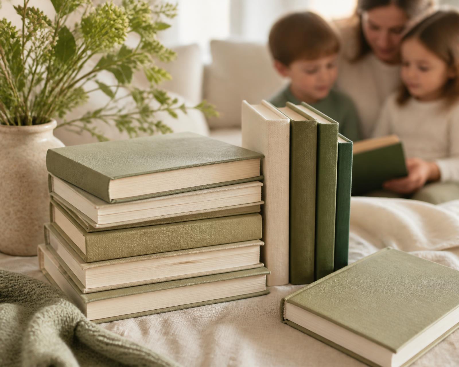 A warm collection of curated family-life books on a linen surface.